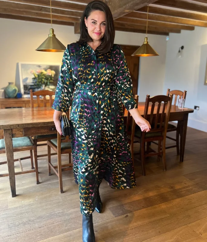 Ava Peacock Print Satin Shirt Dress