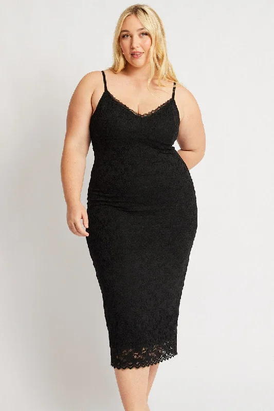 Black Lace Bodycon Midi Dress