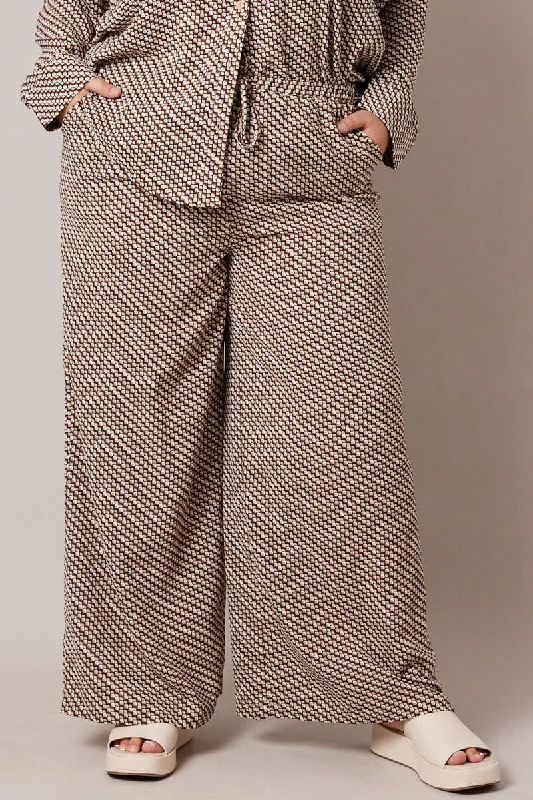 Brown Geo Wide Leg Pants High Rise
