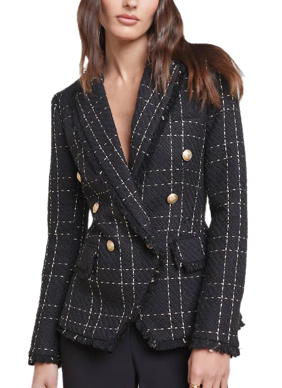 Kenzie Fringe Tweed Blazer In Black