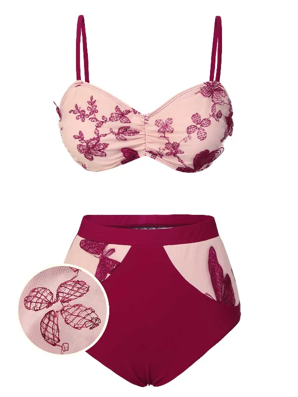 Wine Red 1950s Spaghetti Strap Butterflies Swimsuit